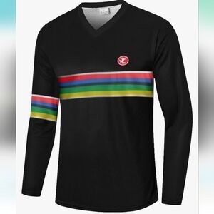 Ugly Frog Cycling Long Sleeve Vneck Black Rainbow Stripes Sz. L Jersey